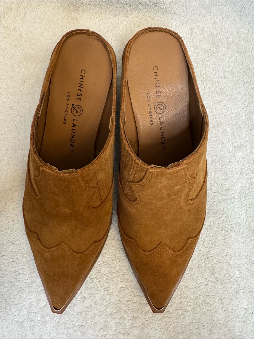 Chinese Laundry Marishka Western Suede Mules Tan 8 NIB New In Box Metal Toe Boho